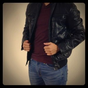 Express biker jacket with hidden hoodie feature